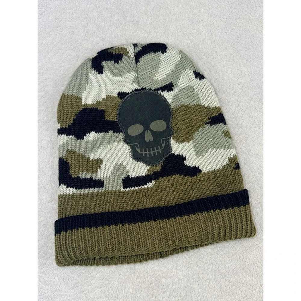 Boys Camouflage Skull Patch Knit Beanie Hat Green Tan Black Winter Cap‎ NWOT